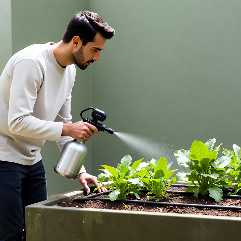 Man spraying plants in garden Man spraying plants in garden