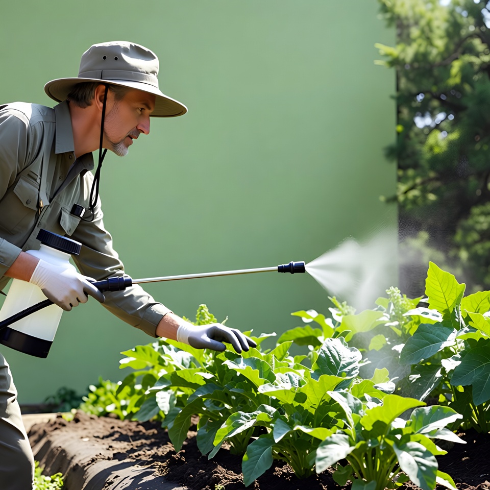 Man spraying plants in garden Man spraying plants in garden