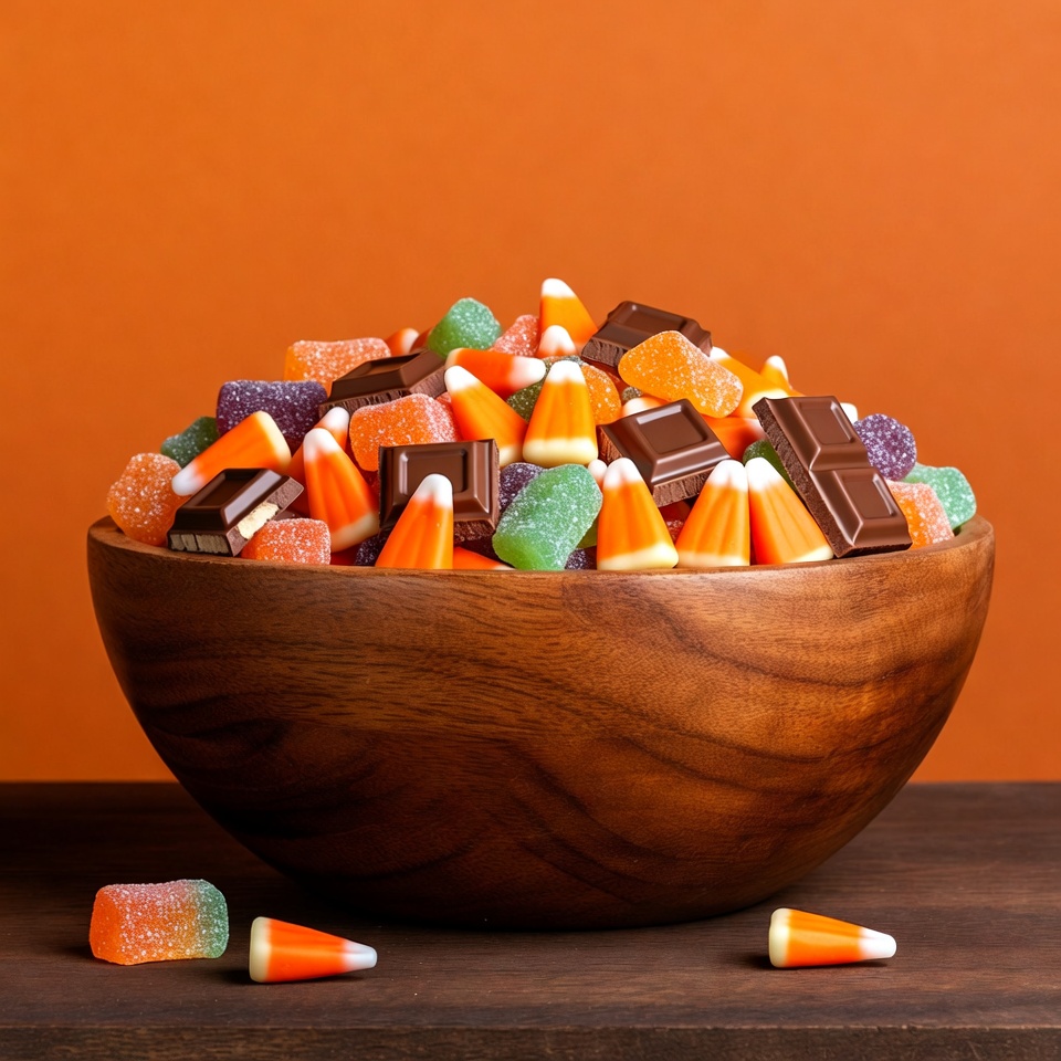 Wooden bowl overflowing with Halloween candy Wooden bowl overflowing with Halloween candy