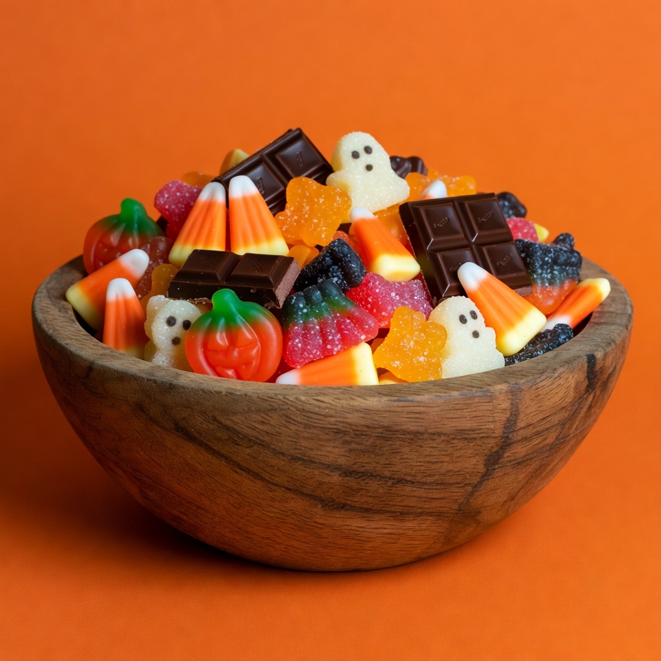 Halloween Candy in Wooden Bowl Halloween Candy in Wooden Bowl