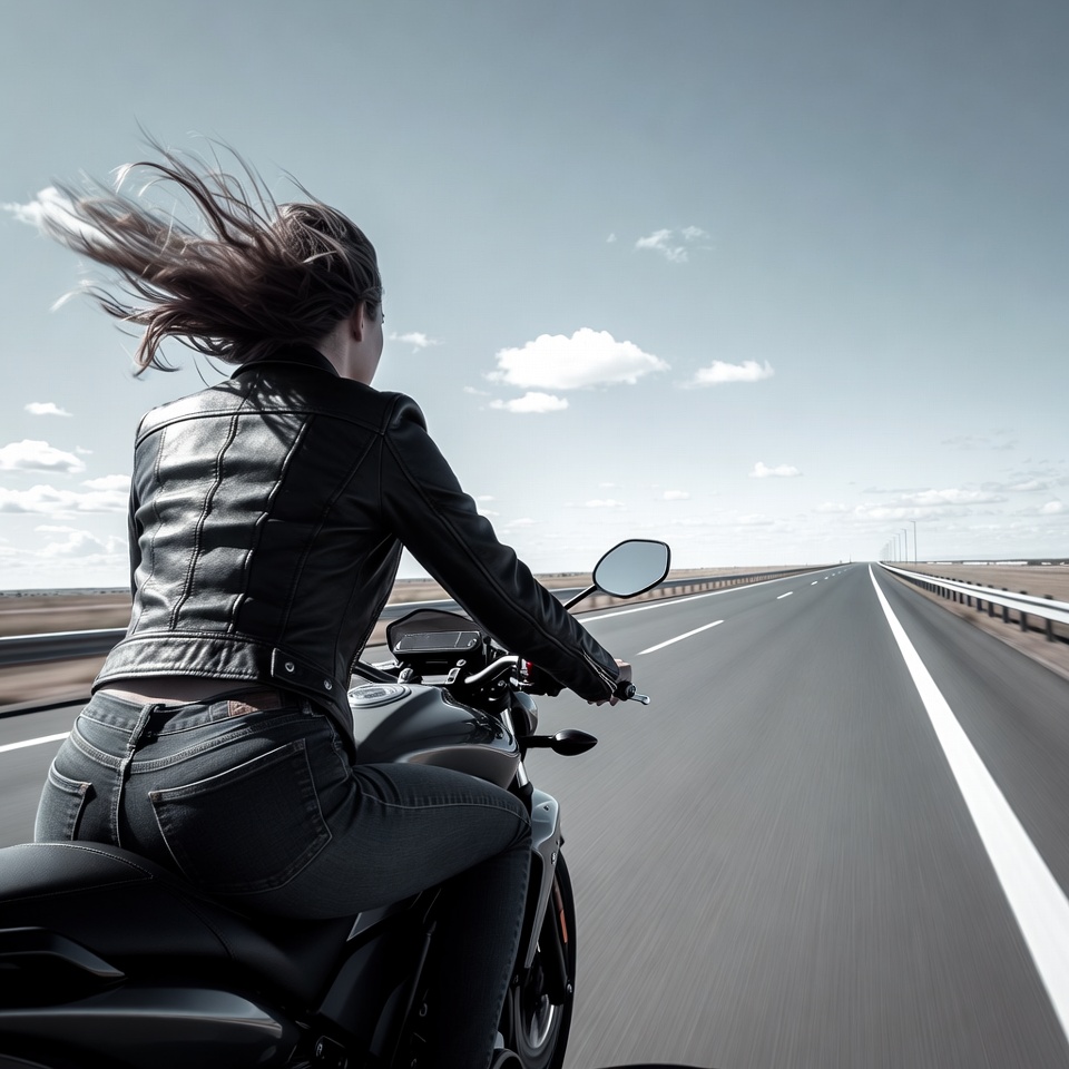 Woman riding motorcycle on highway Woman riding motorcycle on highway