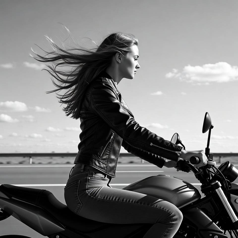 Woman riding motorcycle with flowing hair Woman riding motorcycle with flowing hair