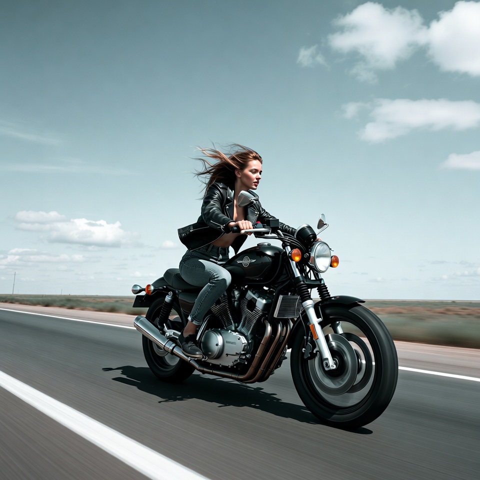 Woman riding motorcycle on highway Woman riding motorcycle on highway