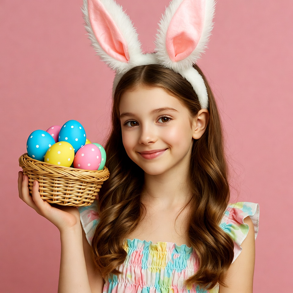 Girl with bunny ears holding Easter basket Girl with bunny ears holding Easter basket