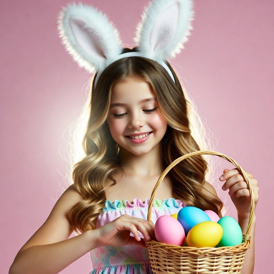 Girl with bunny ears holding Easter basket Girl with bunny ears holding Easter basket