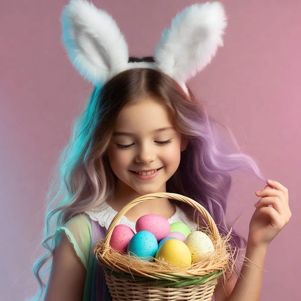 Girl with bunny ears holding Easter eggs Girl with bunny ears holding Easter eggs
