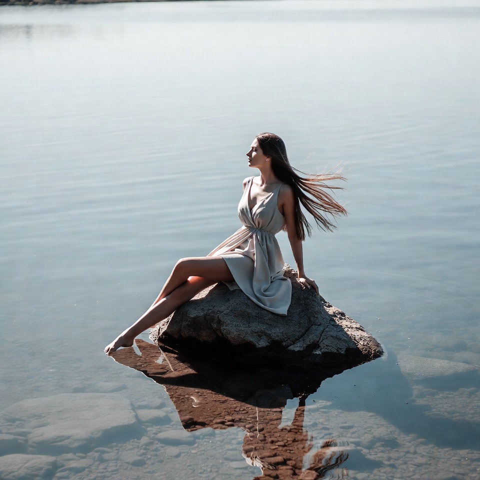 Woman in white dress on lakeside rock Woman in white dress on lakeside rock