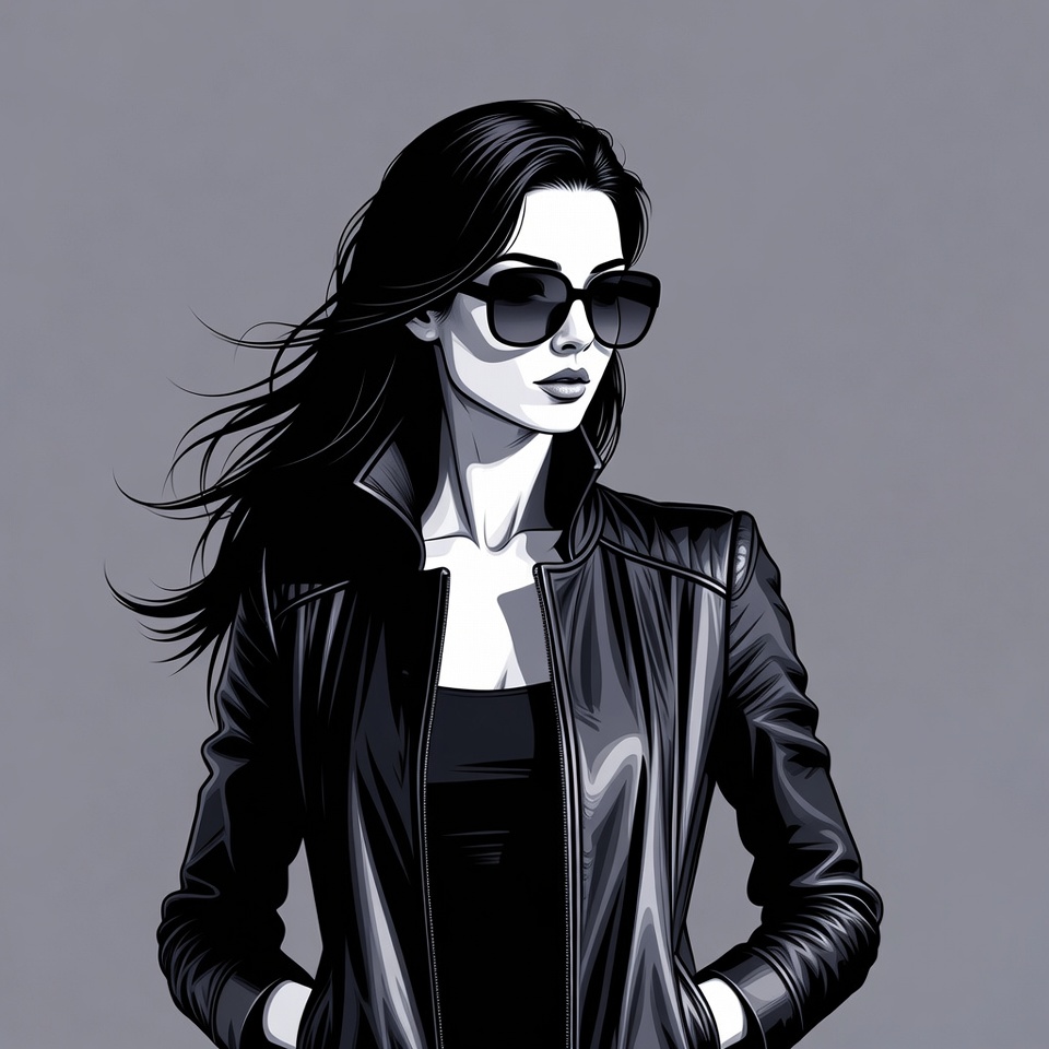 Woman in leather jacket with sunglasses Woman in leather jacket with sunglasses