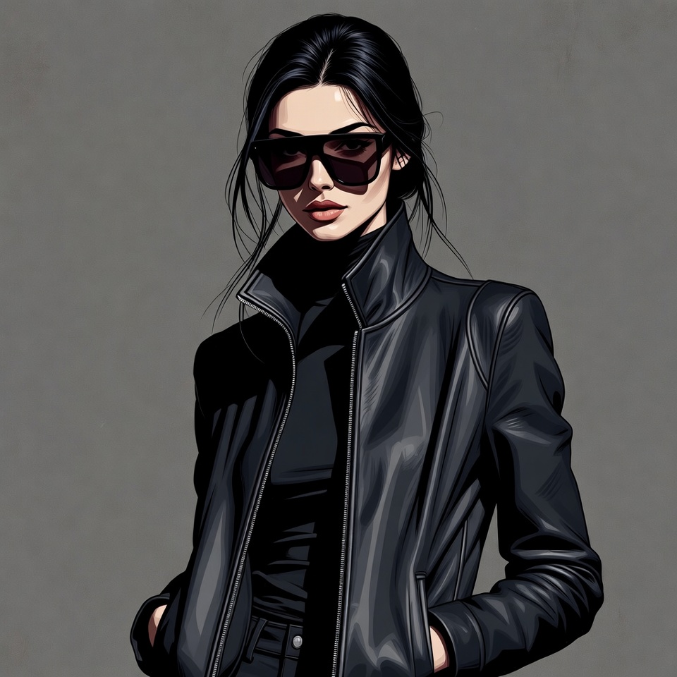 Woman in black leather jacket sunglasses Woman in black leather jacket sunglasses