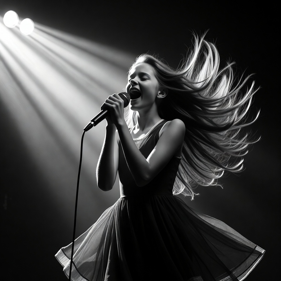 Girl singing with microphone on stage Girl singing with microphone on stage