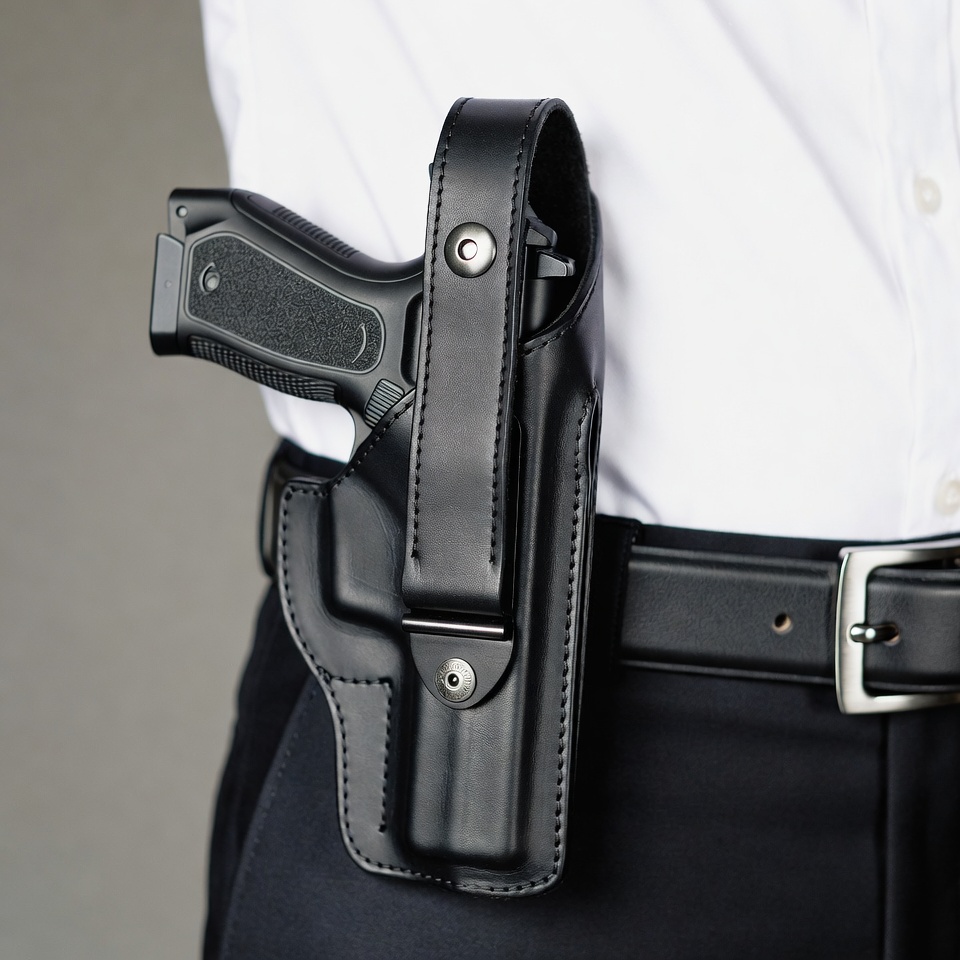 Man with holstered pistol on belt Man with holstered pistol on belt