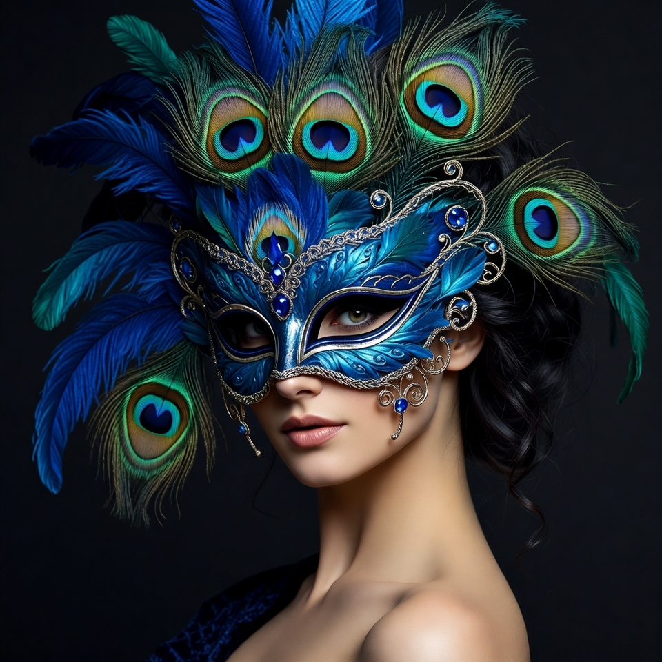 Woman in Blue Peacock Feather Mask Woman in Blue Peacock Feather Mask
