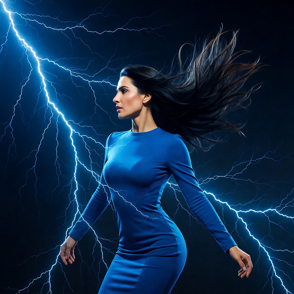 Woman in blue dress with lightning Woman in blue dress with lightning