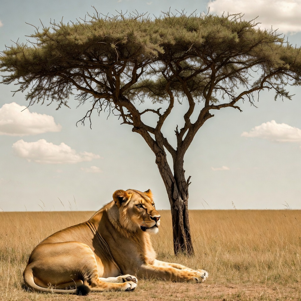 Lion resting under acacia tree Lion resting under acacia tree