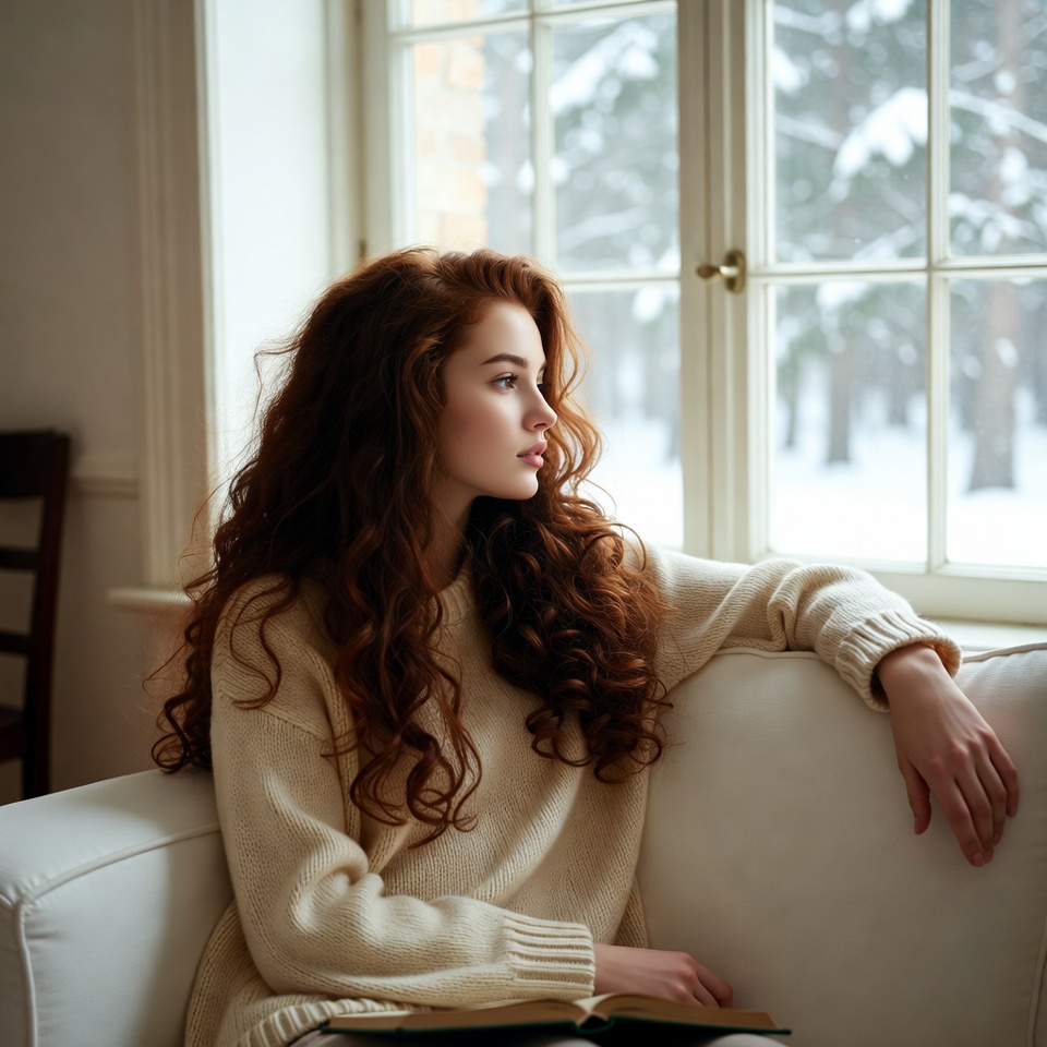 Redhead woman reading by snowy window Redhead woman reading by snowy window