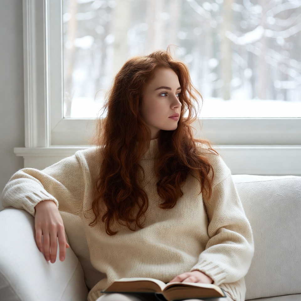 Redhead woman reading by snowy window Redhead woman reading by snowy window