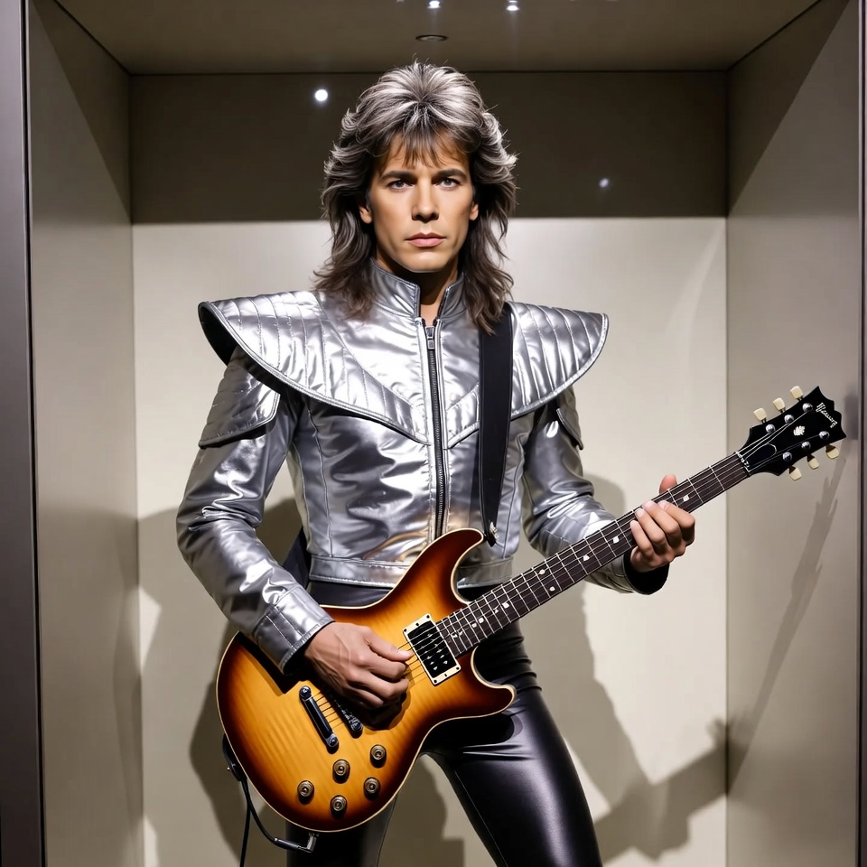 Man playing electric guitar in silver outfit Man playing electric guitar in silver outfit