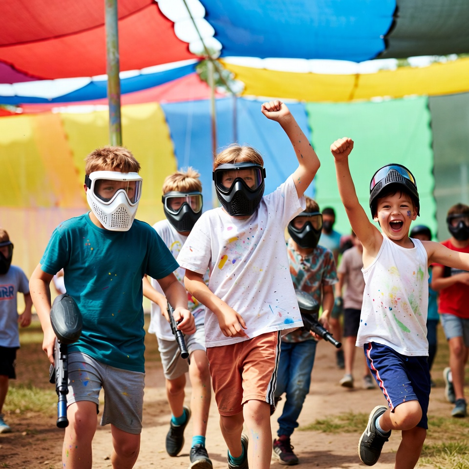 Boys playing paintball under colorful tents Boys playing paintball under colorful tents