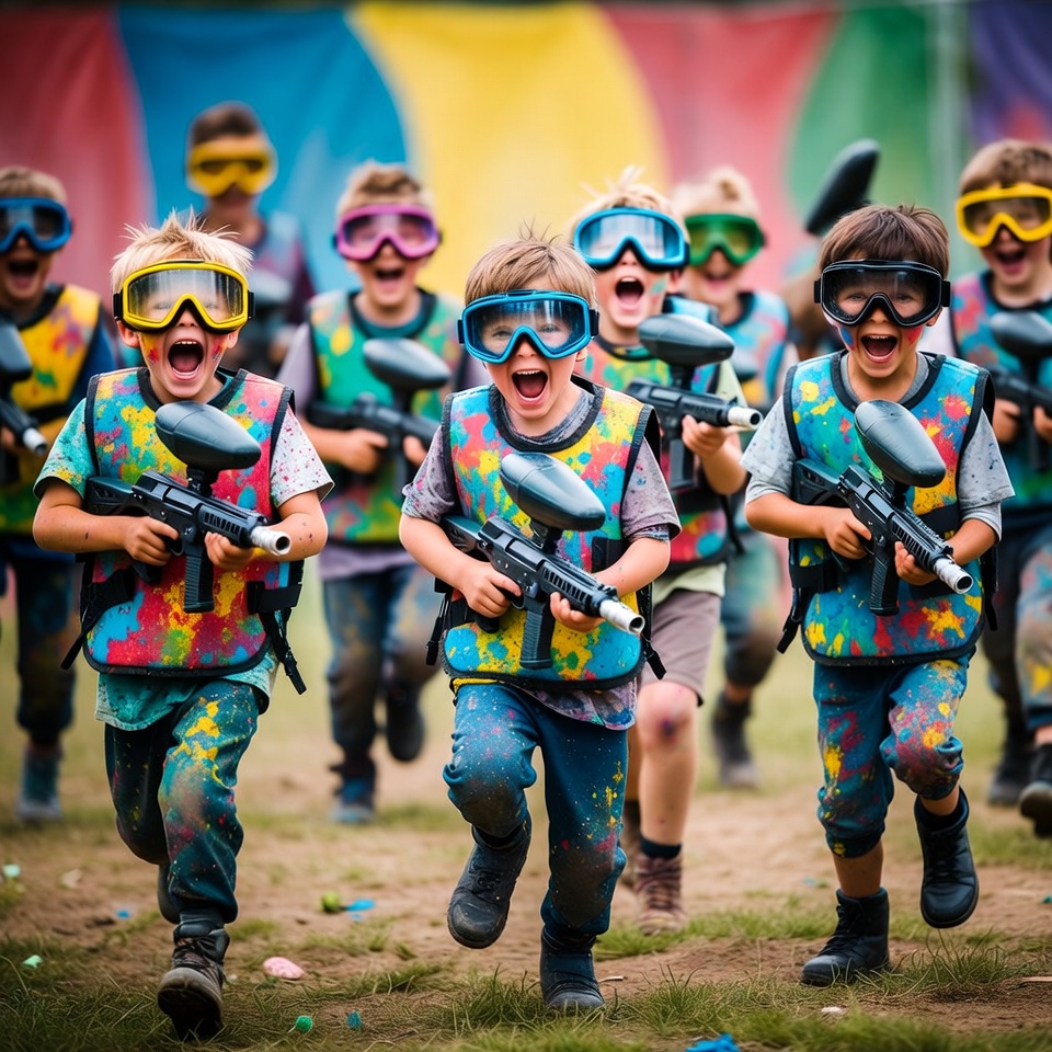 Boys playing paintball game Boys playing paintball game