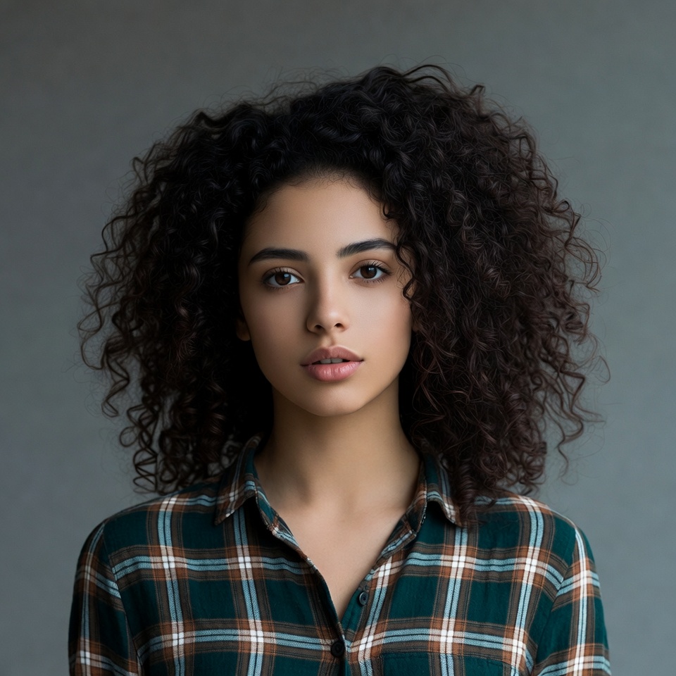 Woman with curly hair in plaid shirt Woman with curly hair in plaid shirt