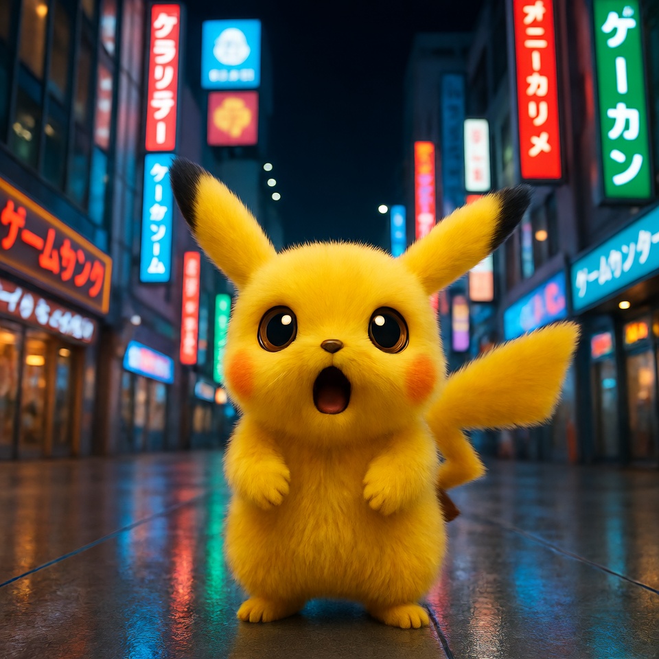 Pikachu in neon-lit Tokyo street Pikachu in neon-lit Tokyo street