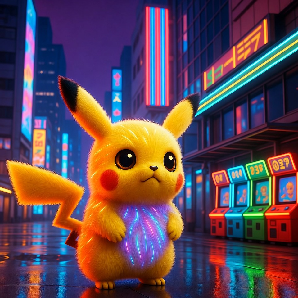 Pikachu in neon-lit city street Pikachu in neon-lit city street