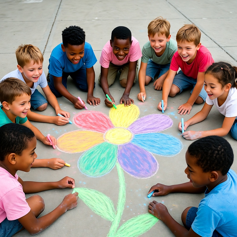 Children drawing giant flower with chalk Children drawing giant flower with chalk