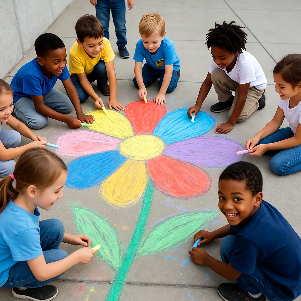 Diverse children drawing giant flower with chalk Diverse children drawing giant flower with chalk