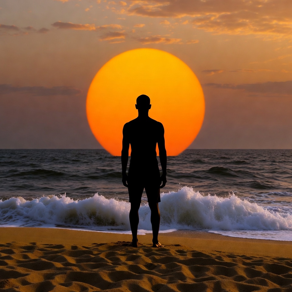 Silhouette man facing sunset ocean Silhouette man facing sunset ocean