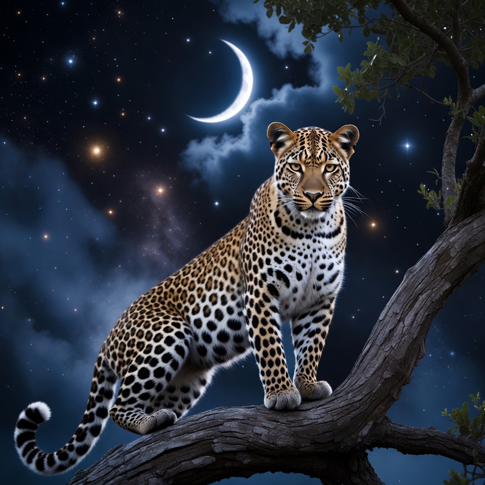 Leopard sitting on tree branch at night Leopard sitting on tree branch at night