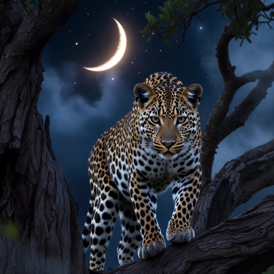 Leopard on tree branch at night Leopard on tree branch at night