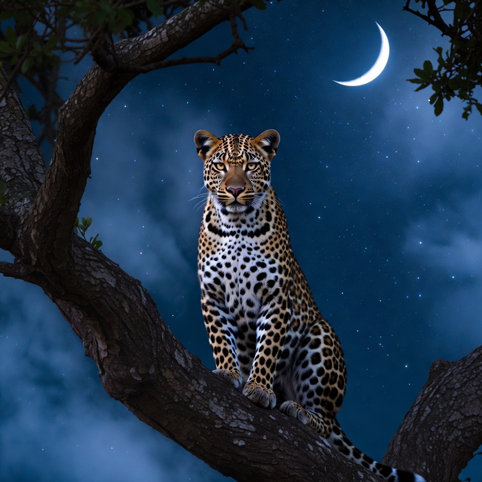 Leopard sitting on tree branch at night Leopard sitting on tree branch at night