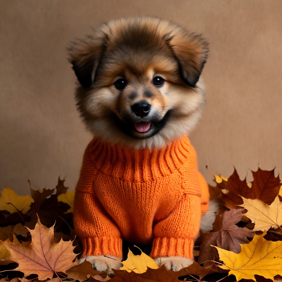 Puppy in orange sweater with autumn leaves Puppy in orange sweater with autumn leaves