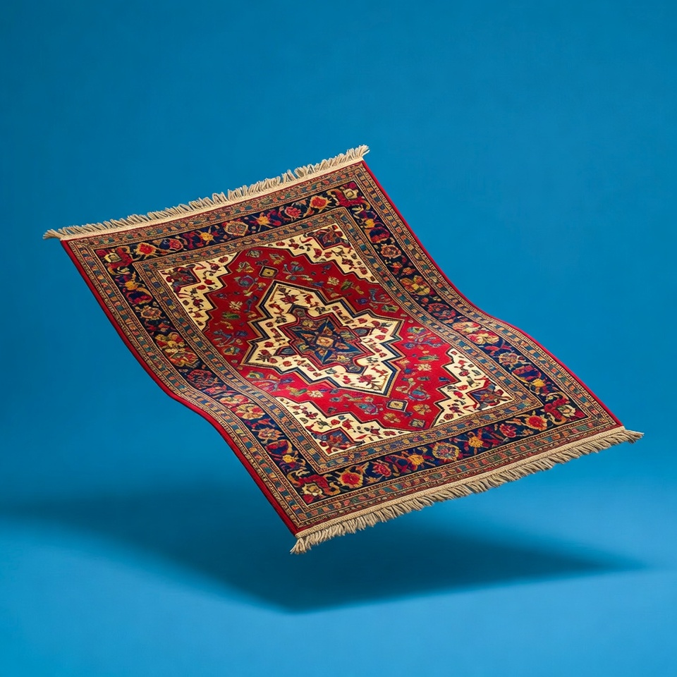 Red Oriental Rug Floating on Blue Red Oriental Rug Floating on Blue