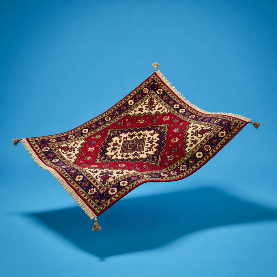 Flying Magic Carpet on Blue Background Flying Magic Carpet on Blue Background