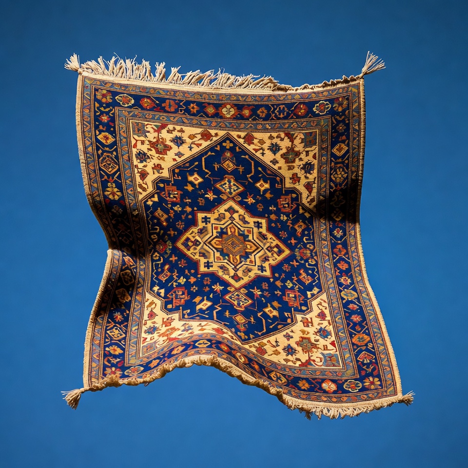 Flying Oriental Rug on Blue Background Flying Oriental Rug on Blue Background
