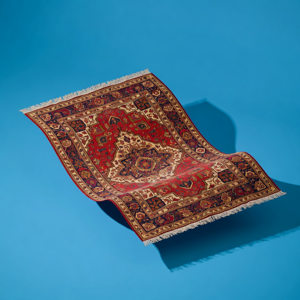 Red Oriental Rug on Blue Background Red Oriental Rug on Blue Background
