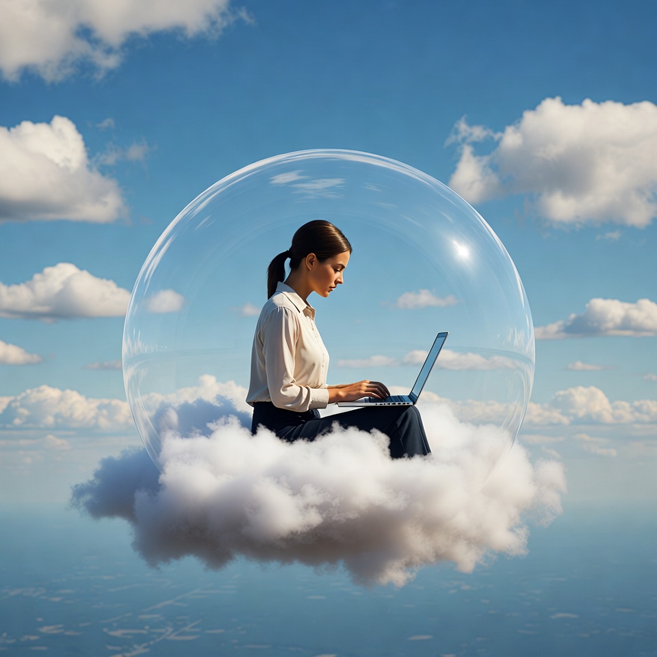 Woman working on laptop in sky bubble Woman working on laptop in sky bubble