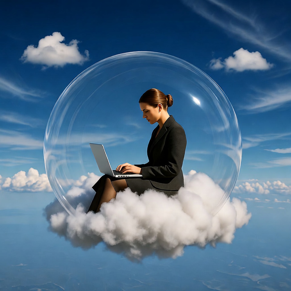 Woman working on laptop in bubble on clouds Woman working on laptop in bubble on clouds