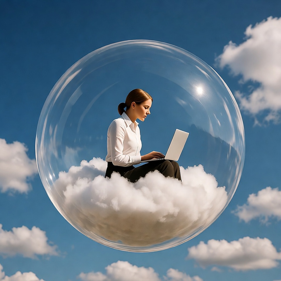 Woman working on laptop in sky bubble Woman working on laptop in sky bubble