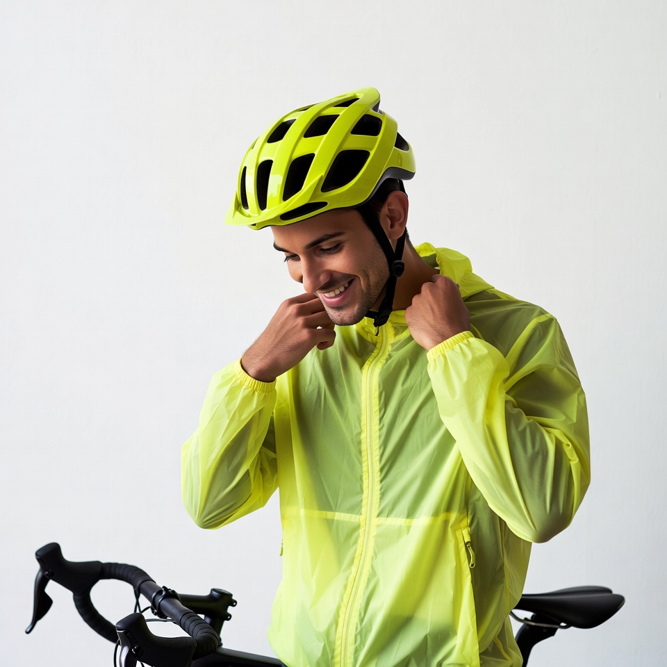 Man adjusting yellow rain jacket with bike helmet Man adjusting yellow rain jacket with bike helmet