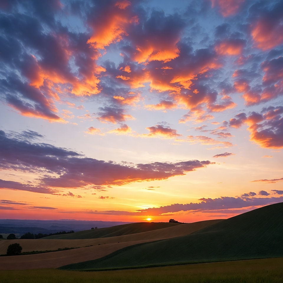 Sunset over rolling green hills Sunset over rolling green hills