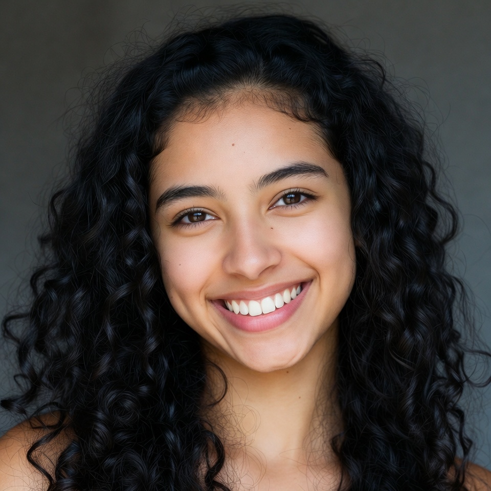 Smiling woman with curly black hair Smiling woman with curly black hair