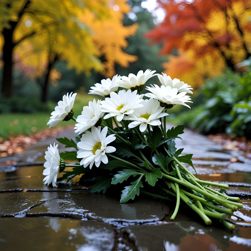 White Daisies Bouquet on Wet Autumn Path White Daisies Bouquet on Wet Autumn Path