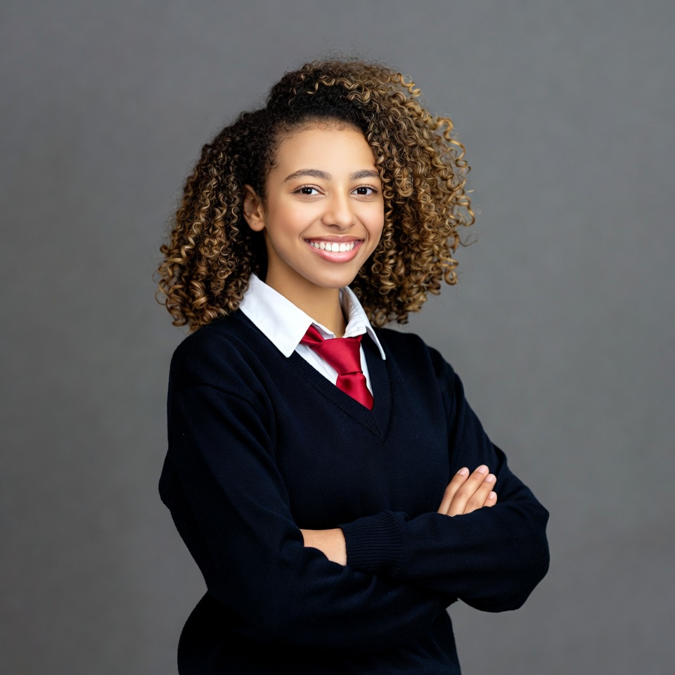 Smiling biracial girl in school uniform Smiling biracial girl in school uniform