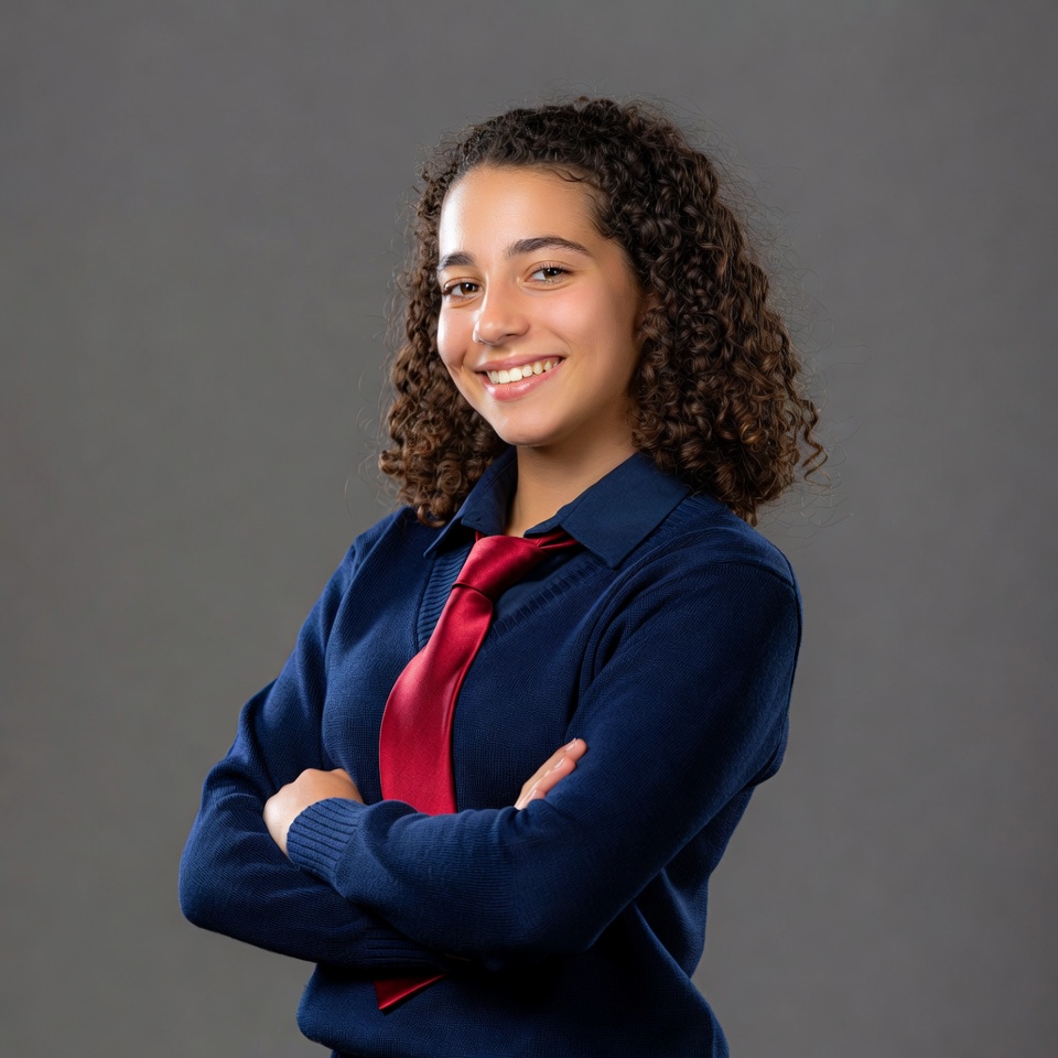Smiling girl in school uniform with arms crossed Smiling girl in school uniform with arms crossed