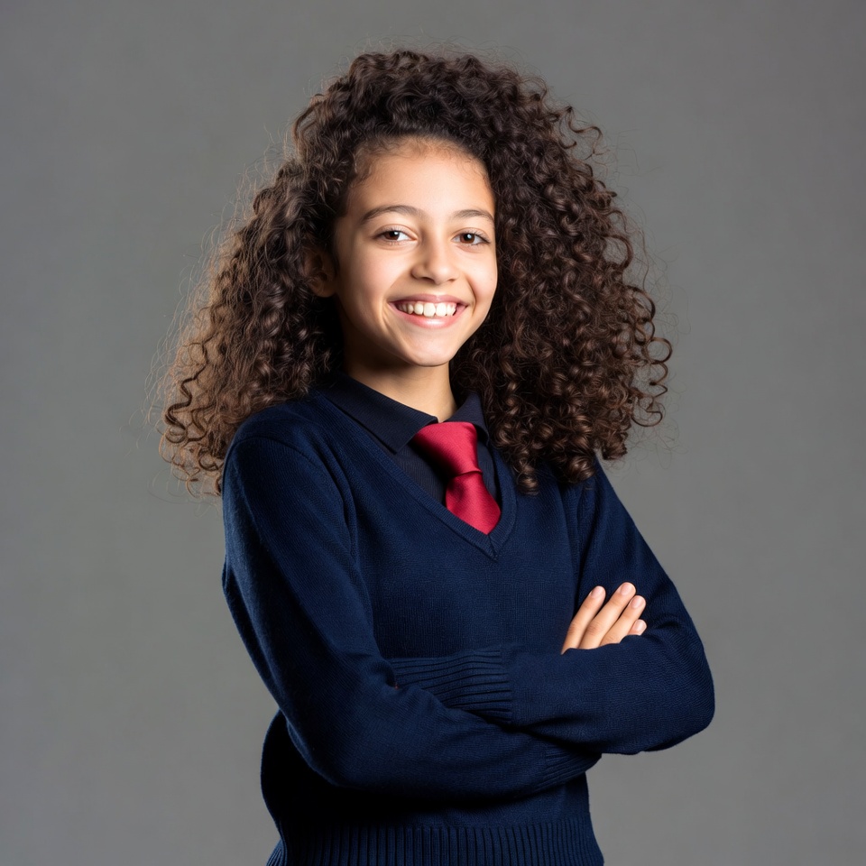 Smiling girl in school uniform with curly hair Smiling girl in school uniform with curly hair