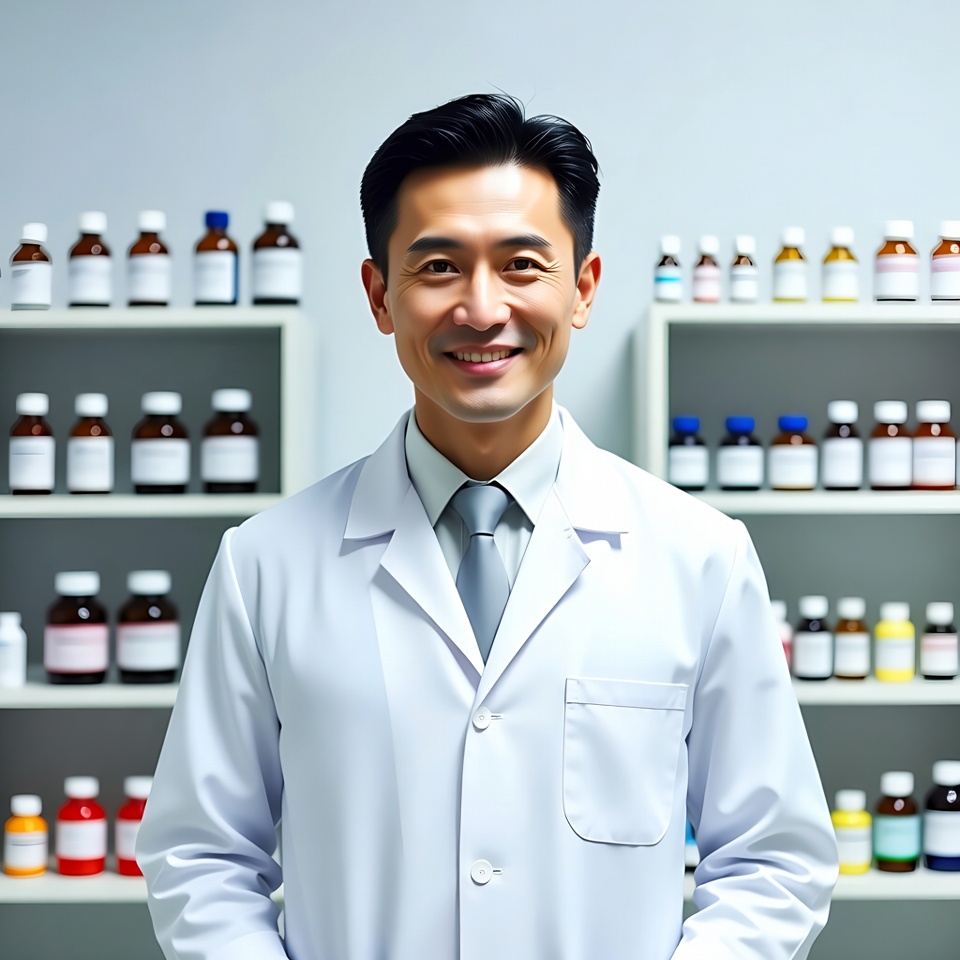 Asian male pharmacist smiling in lab coat Asian male pharmacist smiling in lab coat