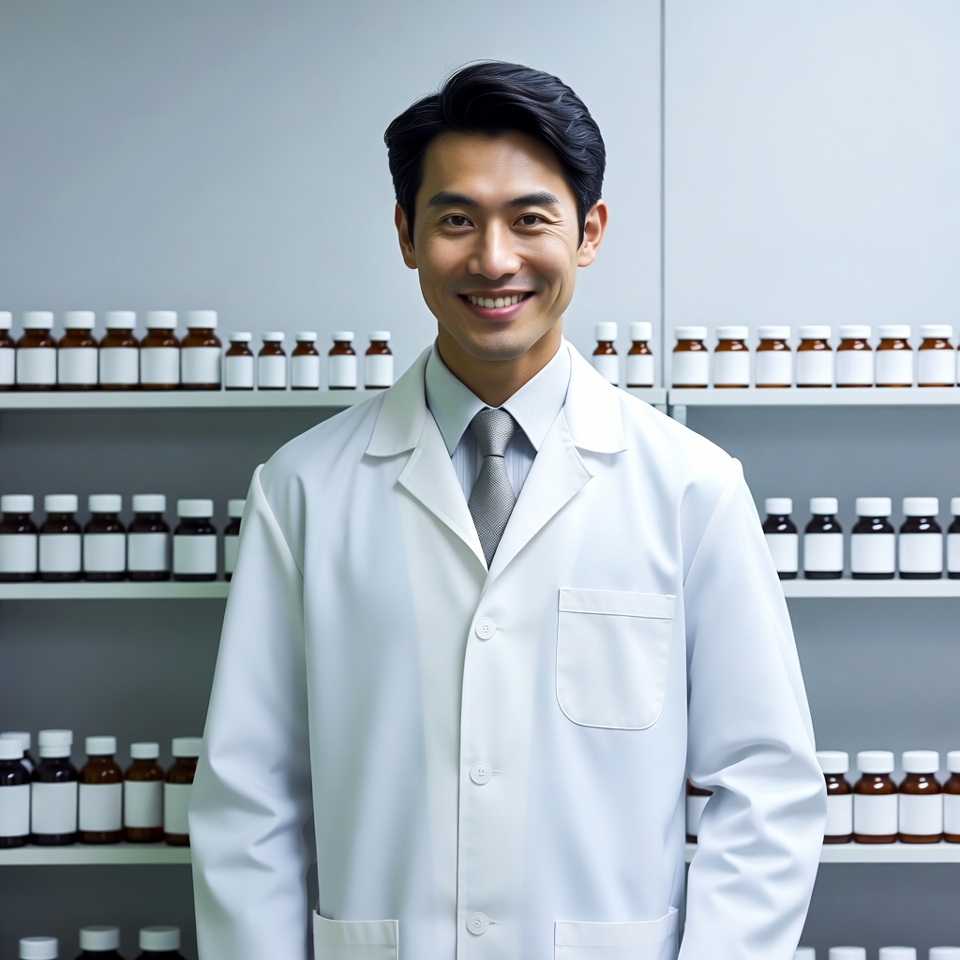 Asian male pharmacist in lab coat Asian male pharmacist in lab coat