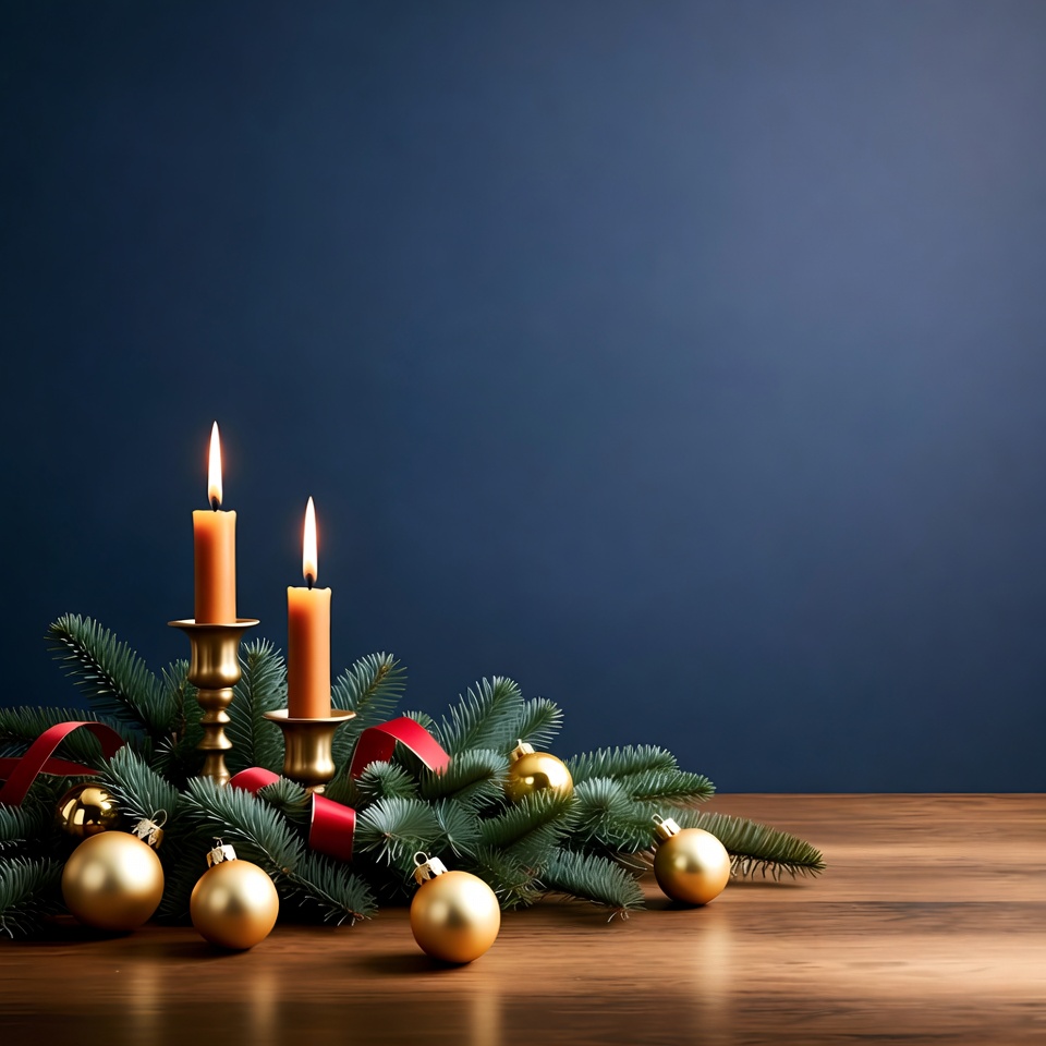 Christmas Candles with Pine and Gold Ornaments Christmas Candles with Pine and Gold Ornaments